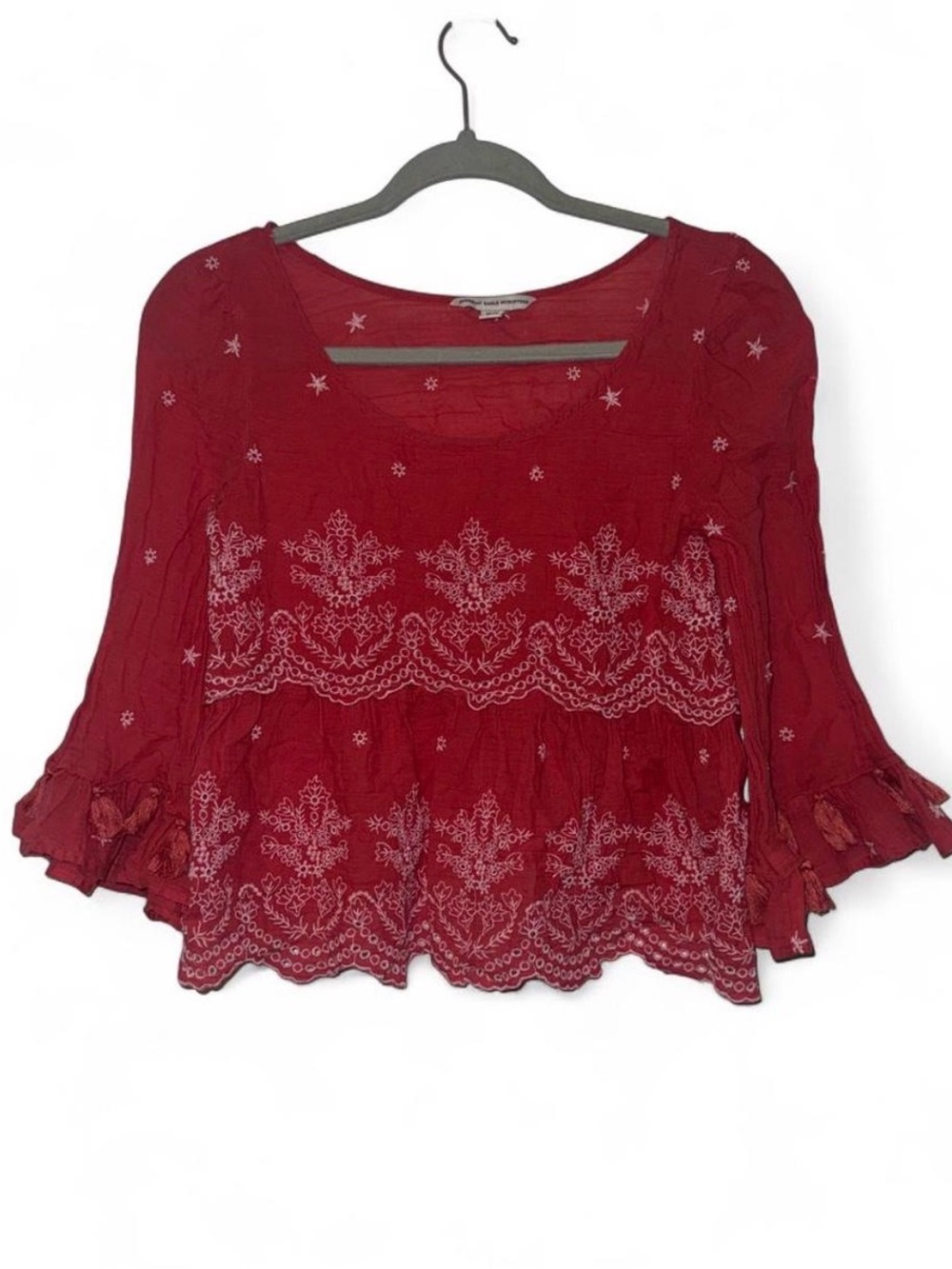 American Eagle Outfitters Red Embroidered Peasant Blouse